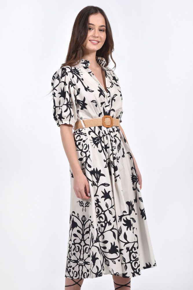 Printed maxi dress with belt 